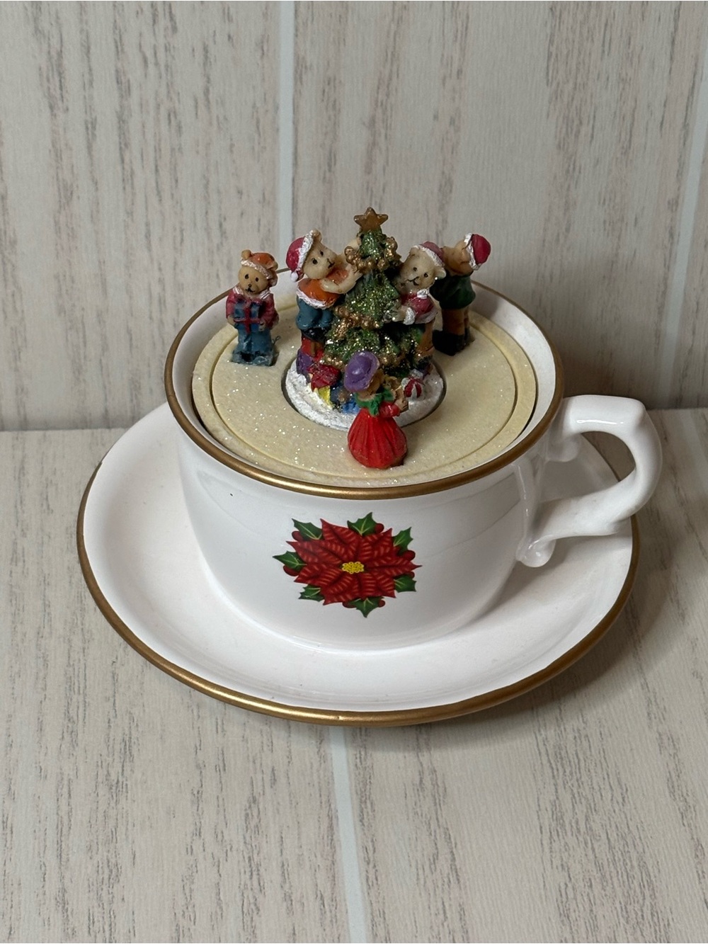 Vintage Christmas Teddy Bear Tea Cup Music Box